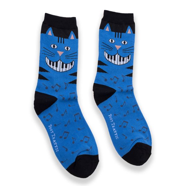 Blue Cat Piano Smile Socks - Women