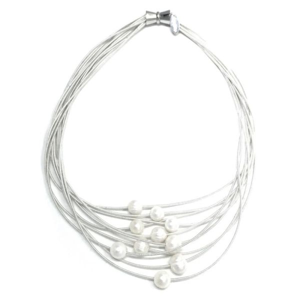 Silver Piano Wire Necklace with Fresh Water Pearls